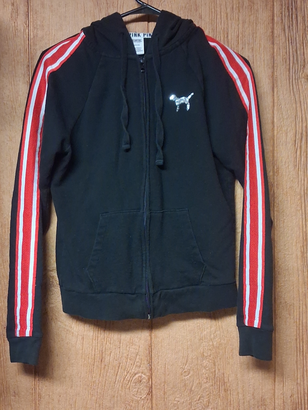 PINK Victoria's Secret Black Zip Hoodie with Red & White Sleeve Stripes